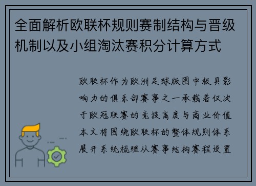 全面解析欧联杯规则赛制结构与晋级机制以及小组淘汰赛积分计算方式