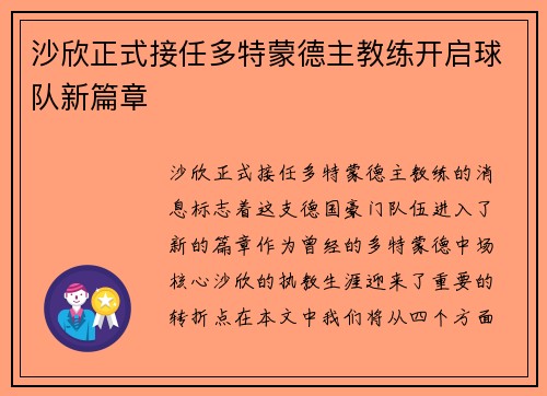 沙欣正式接任多特蒙德主教练开启球队新篇章